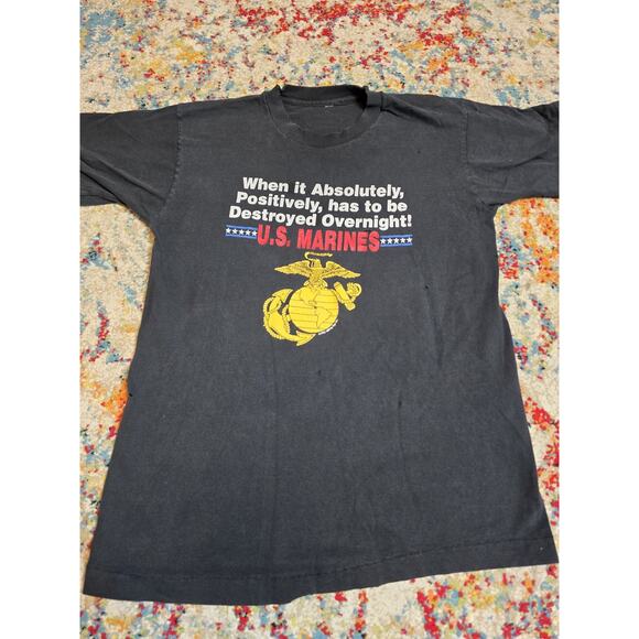 Vintage 90's US Marines Destroyed Overnight Graphic T-Shirt Size S/M Military - Picture 2 of 9